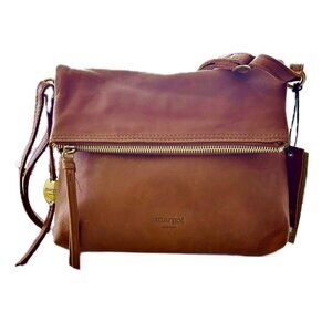 Margot Robbie Fold-Over Convertible Crossbody Clutch in Cognac Leather NWT